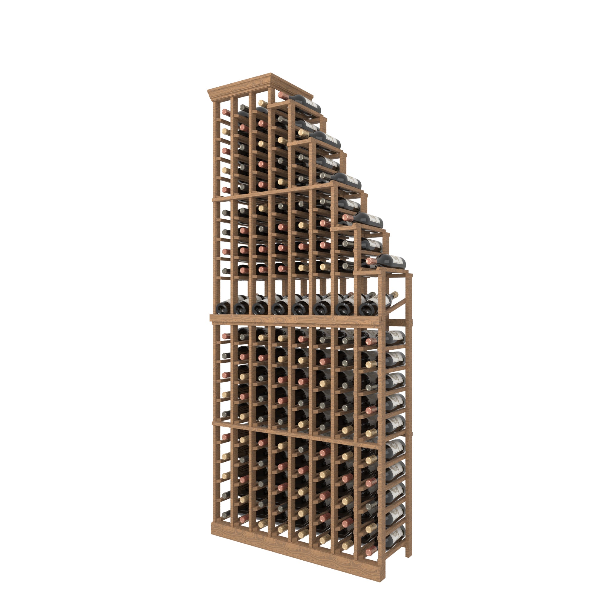 8 Column Individual Bottle Cascade Wood Rack Right with Display Row